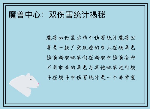 魔兽中心：双伤害统计揭秘